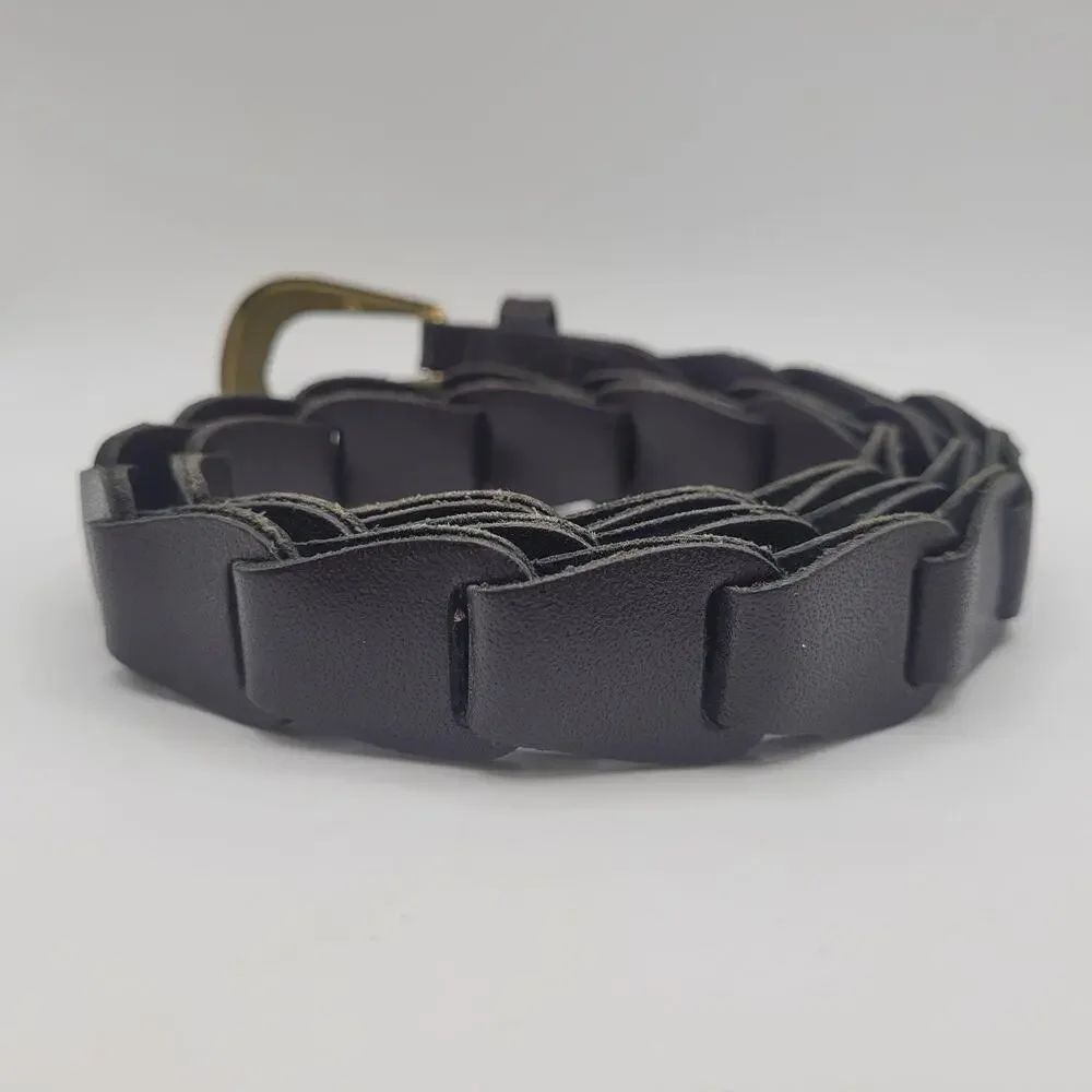 Brown Leather Belt Small Braided Linked Rustic Antique Boho Hippie Earthy Cutout